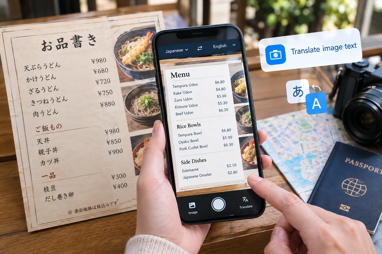 AI-powered image translator helping a traveler read a Japanese restaurant menu through a smartphone, demonstrating OCR and instant language conversion with translated text, travel essentials, camera, map, and digital translation symbols in a realistic dining setting abroad.